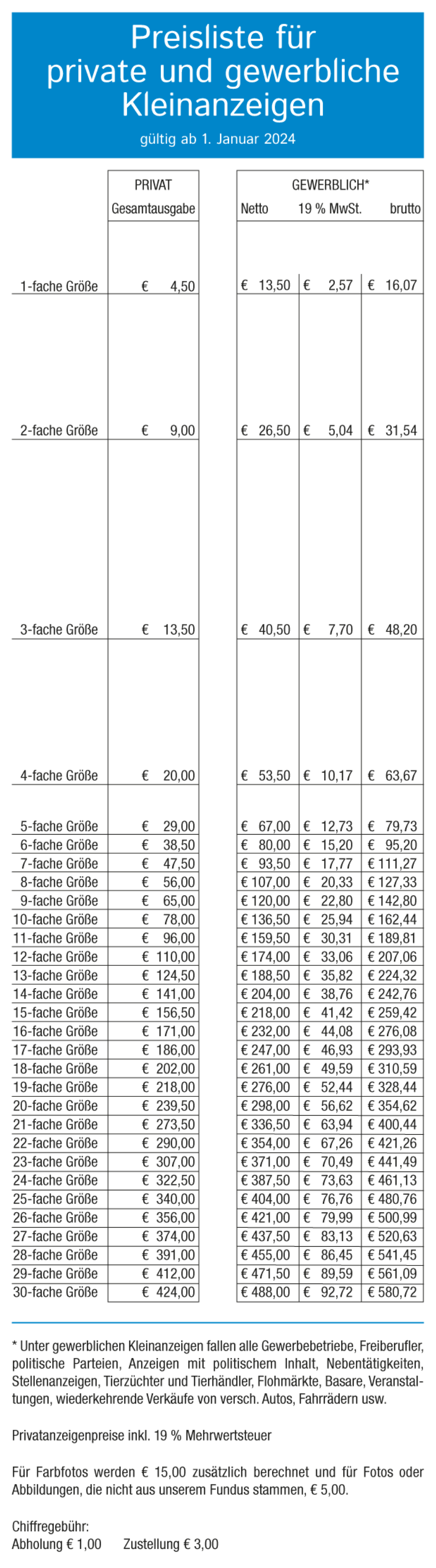 Preisliste private und gewerbliche Kleinanzeigen Salzgitter Wochenblatt